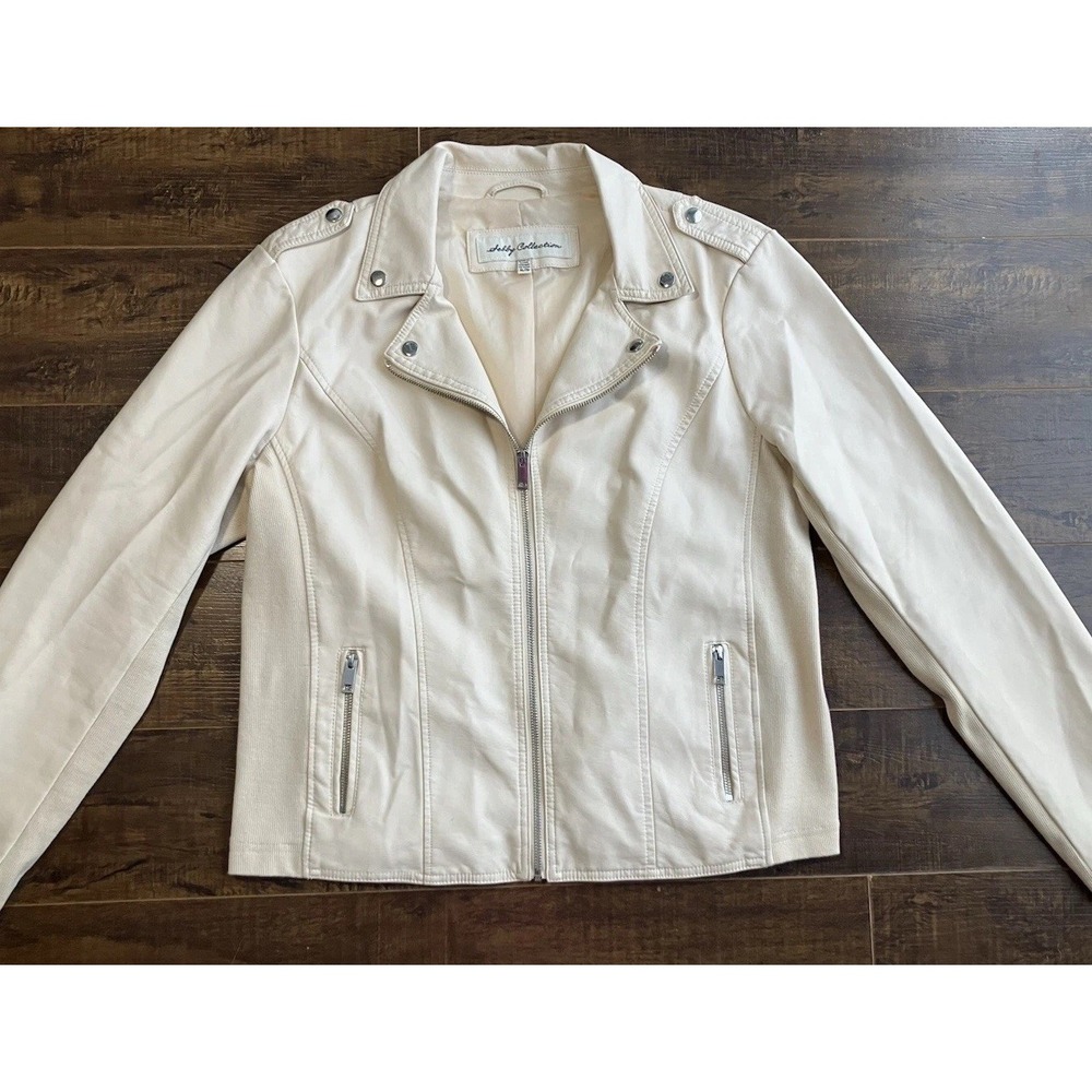 Sebby Collection Womens XL Cream Faux Leather Moto Jacket Faux Leather Biker Zip